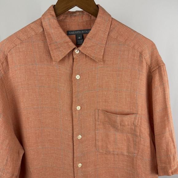 Saks Fifth‎ Avenue Mens XL Linen Shirt Casual Button Up Short Sleeve Peach - Picture 1 of 6